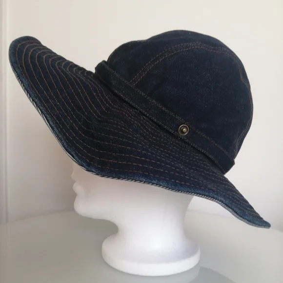Women's Navy Wide-Brim Denim Sun Hat Vintage - Picture 3 of 12